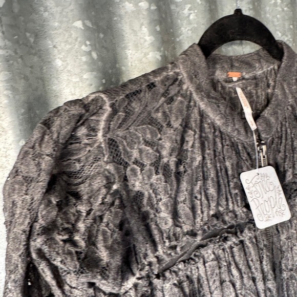 NWT Free People Grey Floral Lace Peplum Zip Up Jacket Puff Sleeve Boho Small NEW - Picture 3 of 15